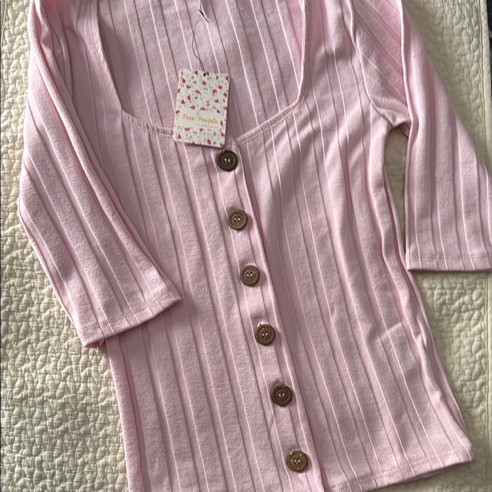 NWT Free People Pink Ribbed Top with Button Detail